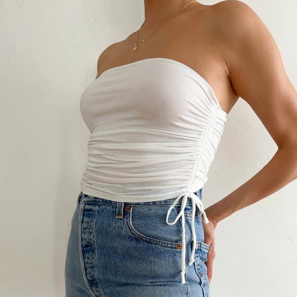White Ruched-Side Cropped Tube Top - Picture 3 of 4